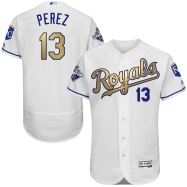 Salvador Perez Kansas City Royals Majestic Home 2015 World Series Champions Gold Program Flex Base Player Jersey - White