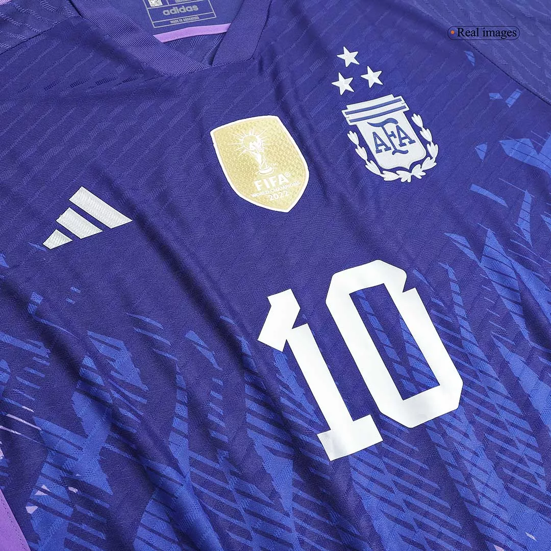 Messi #10 Argentina Soccer Jersey Three Stars Jersey Champion Edition Away Player Version Custom World Cup Jersey 2022 - bestsoccerstore