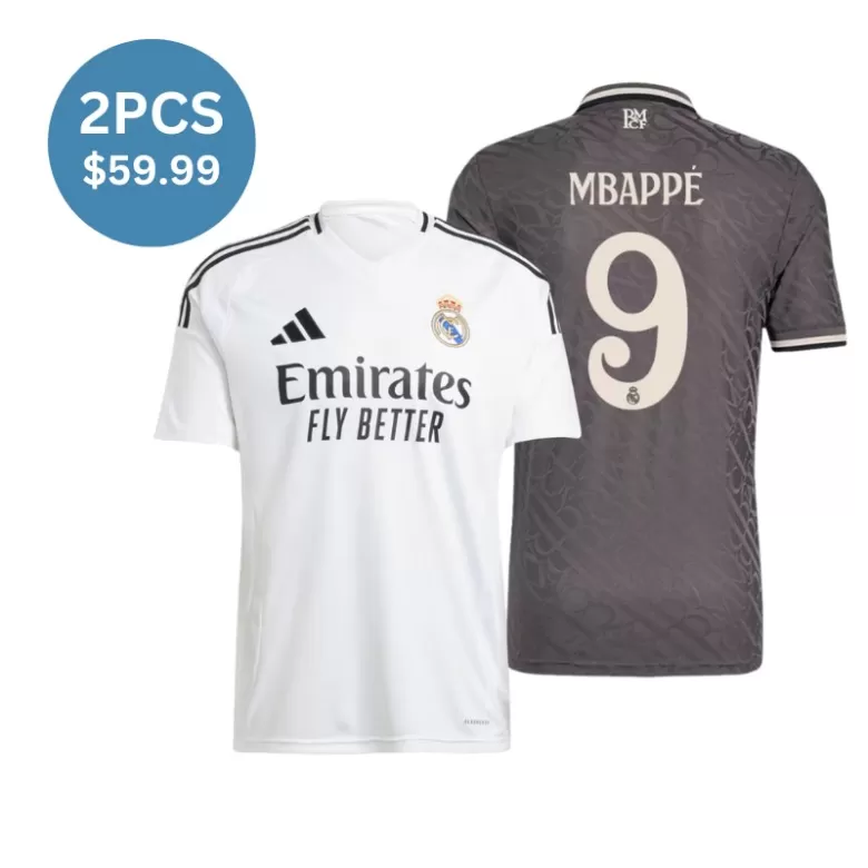 2 Pack - Mbappe #9 Real Madrid 2024/25 Third Away Authentic Soccer Jersey(Gray)  & Home Fan Version(White) Blank Jersey Combination - bestsoccerstore