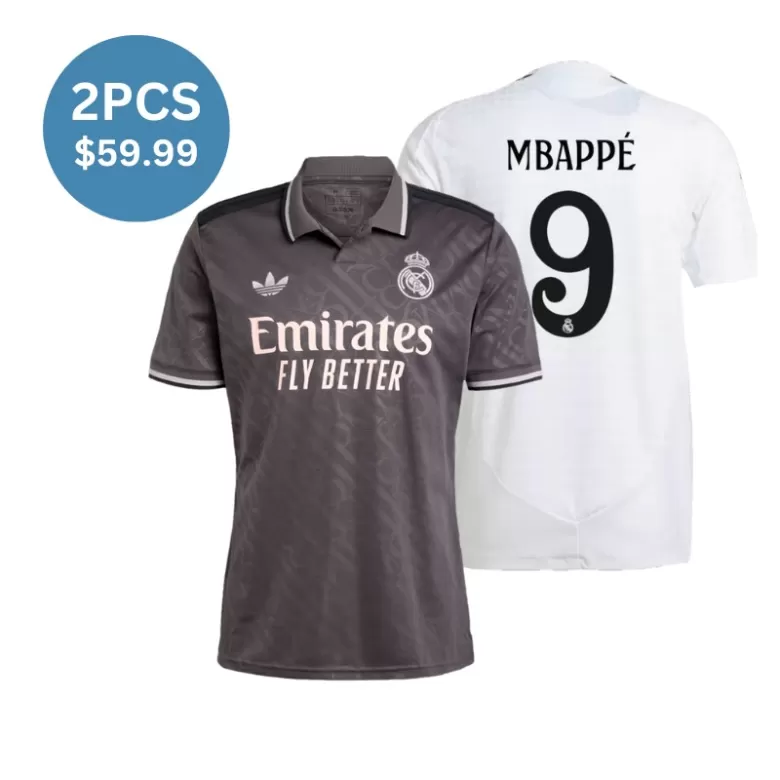 2 Pack - Mbappe #9 Real Madrid 2024/25 Home Authentic Soccer Jersey(White)  & Third Away Fan Version(Gray) Blank Jersey Combination - bestsoccerstore