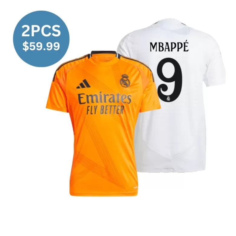 2 Pack - Mbappe #9 Real Madrid 2024/25 Home Authentic Soccer Jerseys(White)  & Away Fan Version(Orange) Blank Jersey Combination - bestsoccerstore