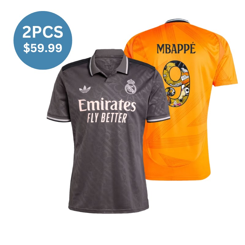 2 Pack - Mbappe #9 Real Madrid Away Authentic Soccer Jersey(Orange) Bear Champ Font & Third Away Fan Version(Gray) Blank Jersey Combination - bestsoccerstore