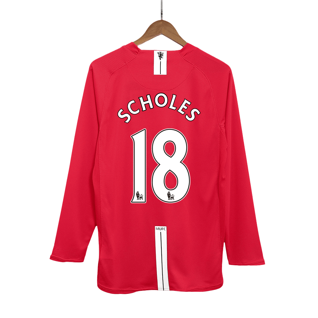 SCHOLES #18 Manchester United Retro Jersey Home Long Sleeve Soccer Shirt 2007/08 - bestsoccerstore