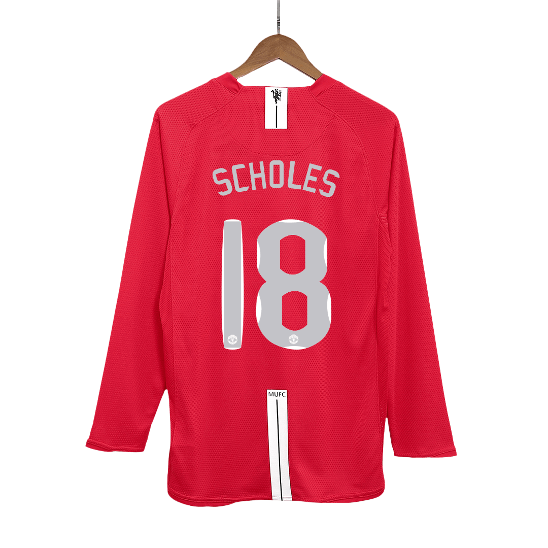 SCHOLES #18 Manchester United Retro Jersey Home Long Sleeve Soccer Shirt 2007/08 - bestsoccerstore