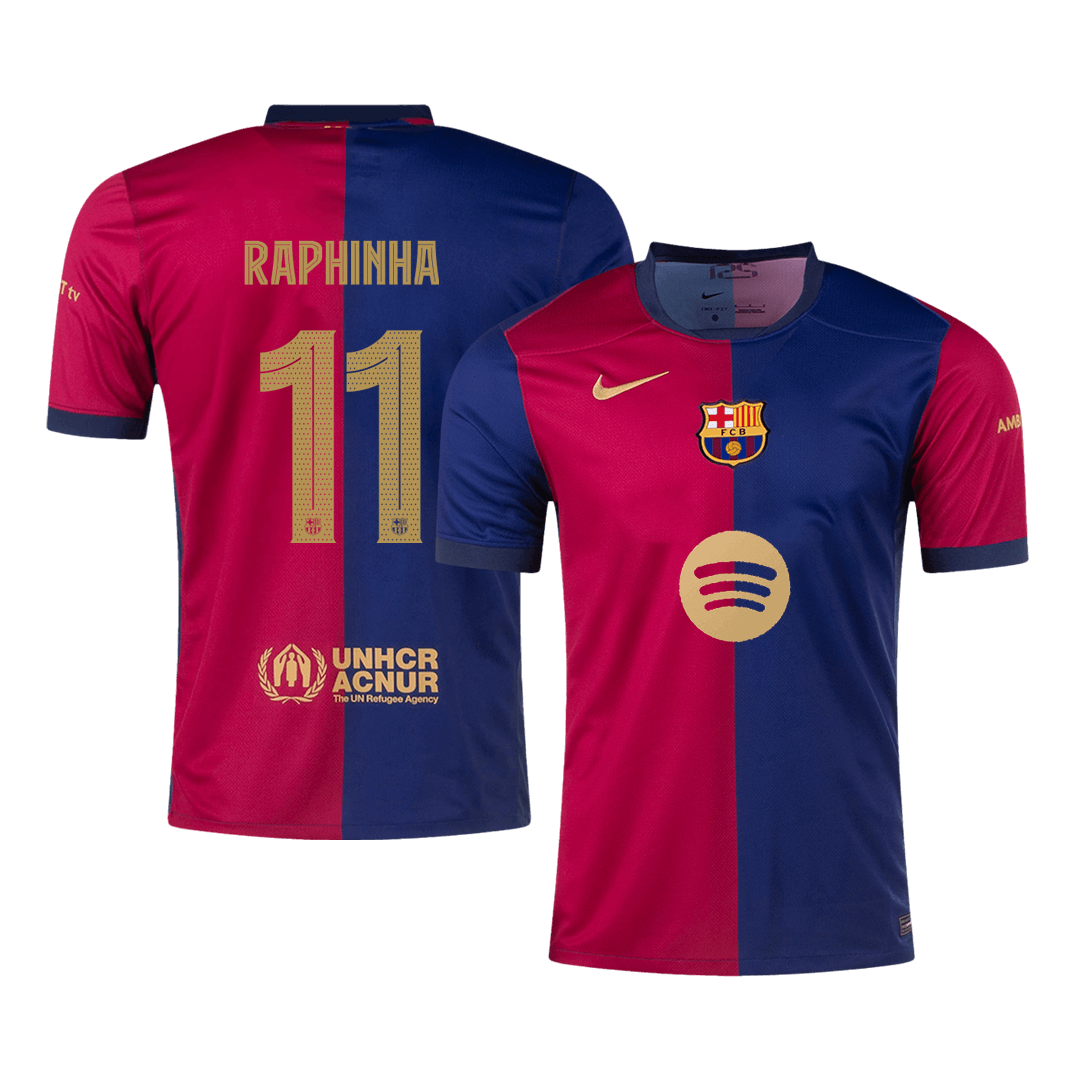 Barcelona Jersey Custom RAPHINHA #11 Soccer Jersey Home -UCL (Spotify Logo Without Text) - bestsoccerstore