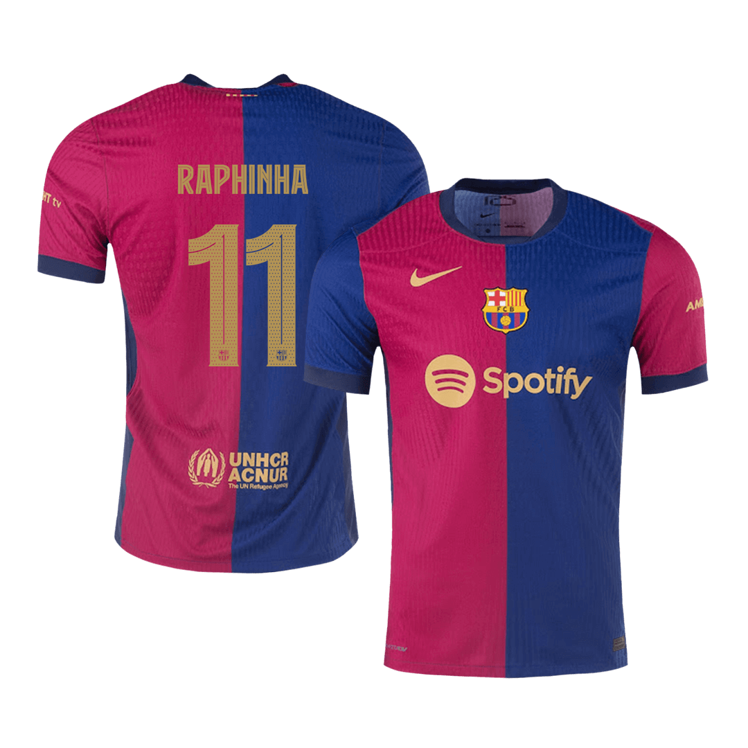 Barcelona RAPHINHA #11 Home Custom Player Version Soccer Jersey - UCL Spotify Logo Without Text - bestsoccerstore