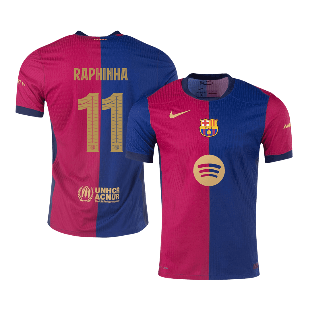 Barcelona RAPHINHA #11 Home Custom Player Version Soccer Jersey - UCL Spotify Logo Without Text - bestsoccerstore